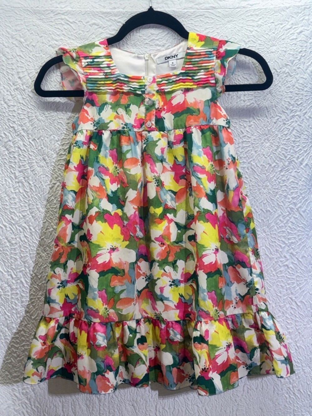 DNKY Girls Floral Print Ruffle Flutter Sleeve Dress